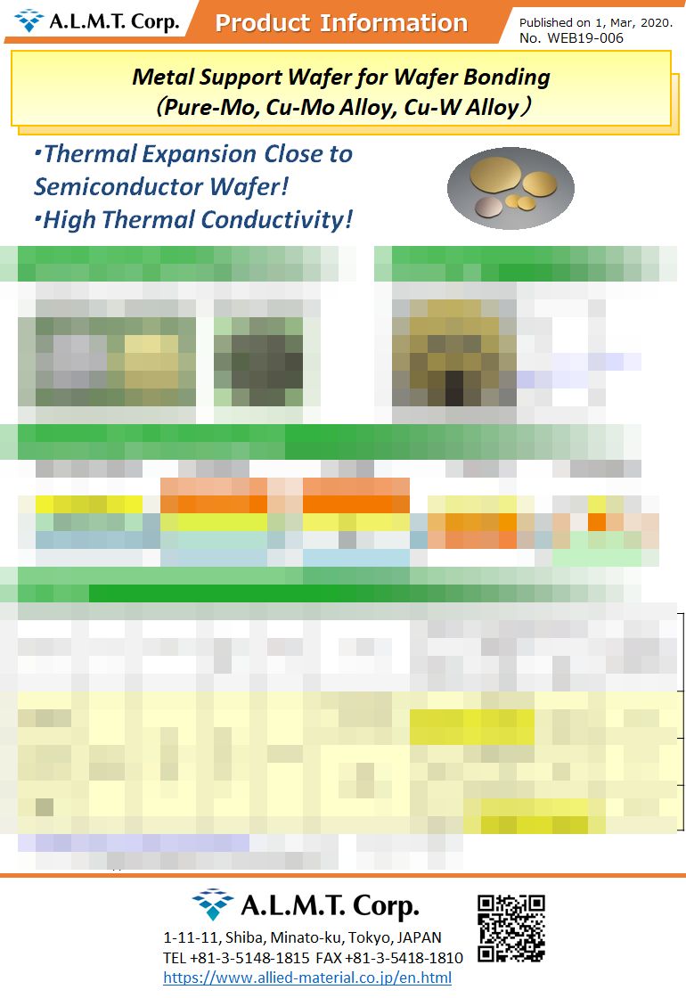 Metal Support Wafer for Wafer Bonding（Pure-Mo, Cu-Mo Alloy, Cu-W Alloy）